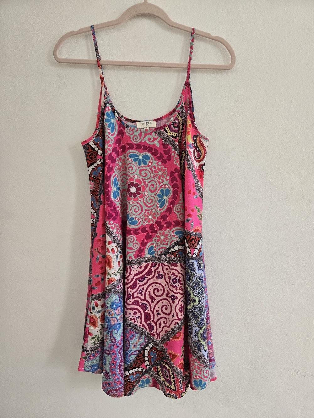 Umgee Bright Pink Paisley Patchwork Slip Dress Size M